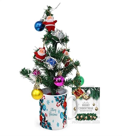 Khakee Merry Christmas Theme Mug & Xmas Tree with 10 pcs Ornaments & Xmas Card Combo Set - Xmas Decoration Gift Set (c799A)