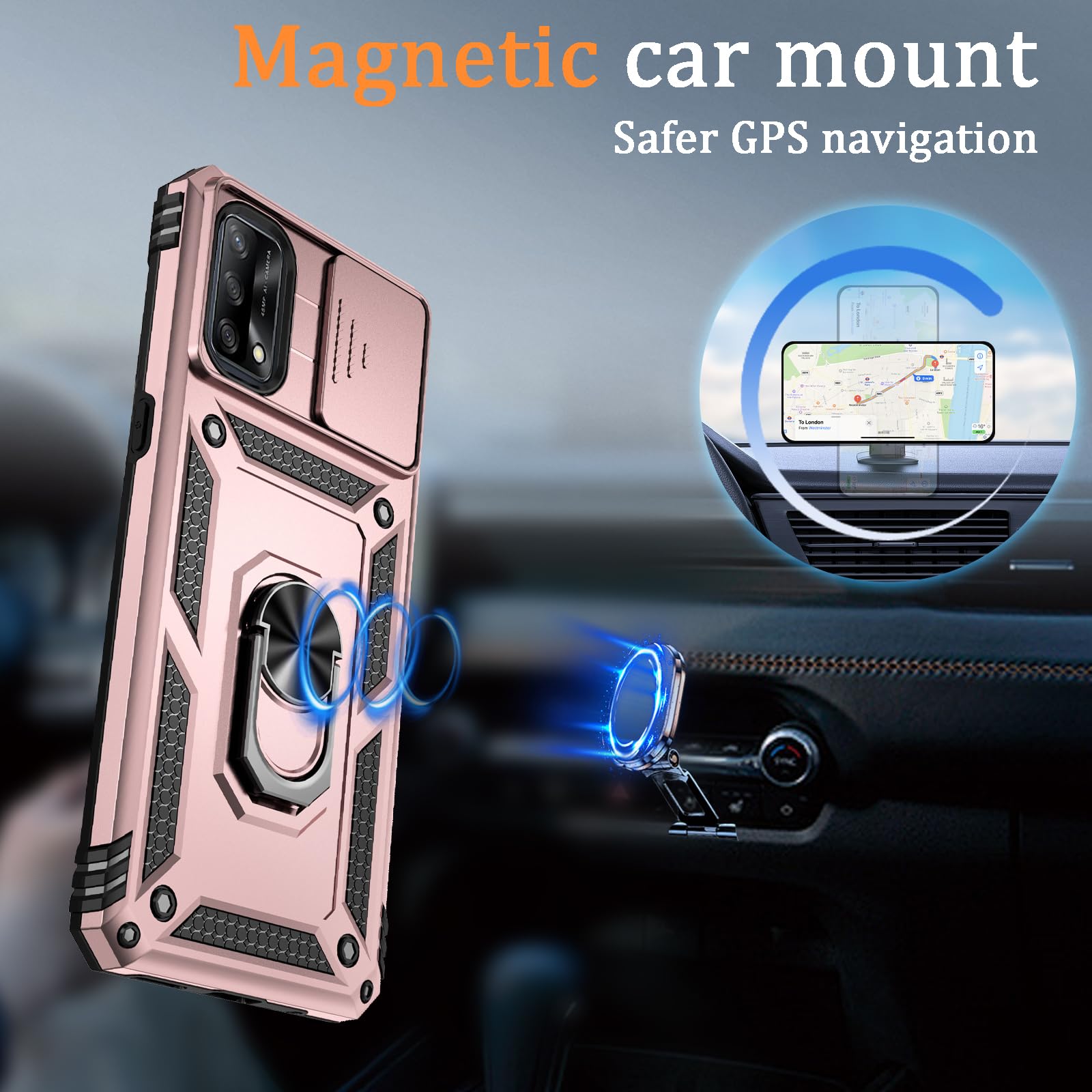Cover per Oppo A74 4G (Non per A74 5G), Slide Protezione Fotocamera, Armatura Cover con 360 Gradi Girevole Anello Metallo Magnetica Supporto Silicone Antiurto Custodia per Oppo A74 4G, Oro rosa