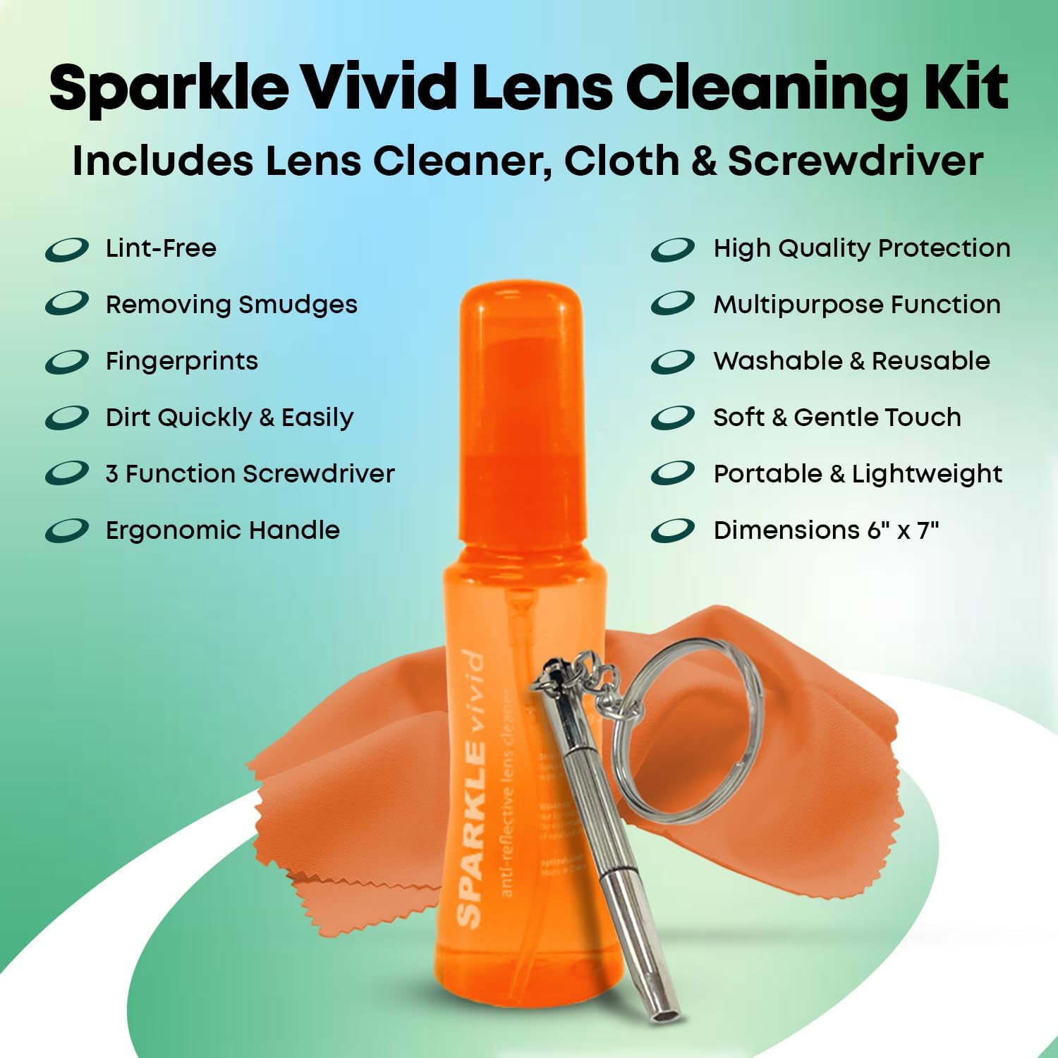 Sparkle Vivid Anti-Reflective Safe Lens Cleaner & Repair Kit – (2) 2oz Glasses Cleaner Spray, (2) Microfiber Cloth & Keychain Screwdriver for Eyeglasses, Sunglasses, Lenses & Screens (5 Piece Set)