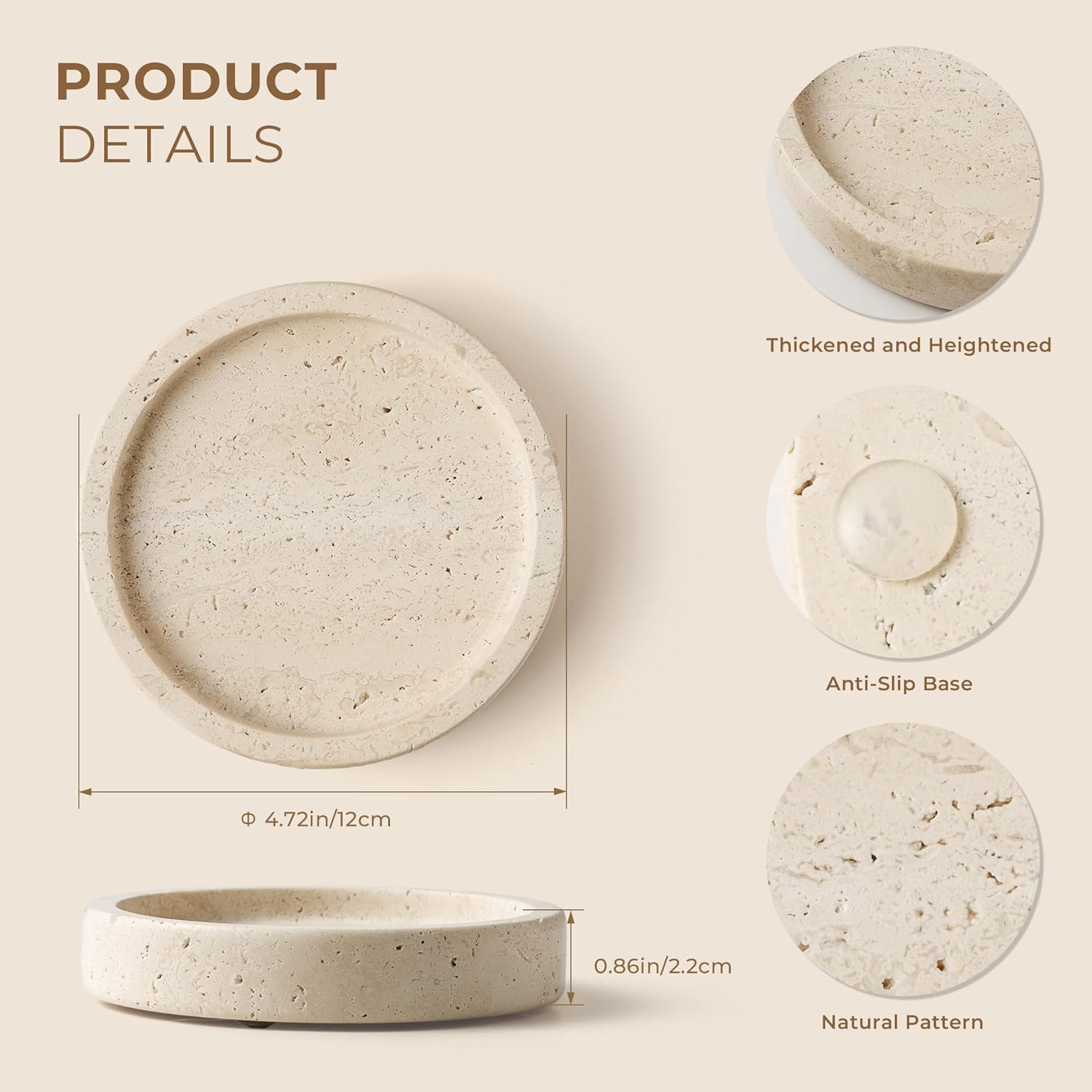 Portacandele in marmo, elegante portacandela, diametro 16 cm, beige | Vassoio decorativo fatto a mano in marmo per matrimonio, candele a colonna, candele comunione e cresima (WH063)