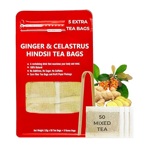 Bolsas de té de jengibre puro con Celastrus Hindsii  55 unidades (+ 5 bolsas de té)  5.15 onzas, mezcla de té de hierbas re-Steep, bolsas a base de