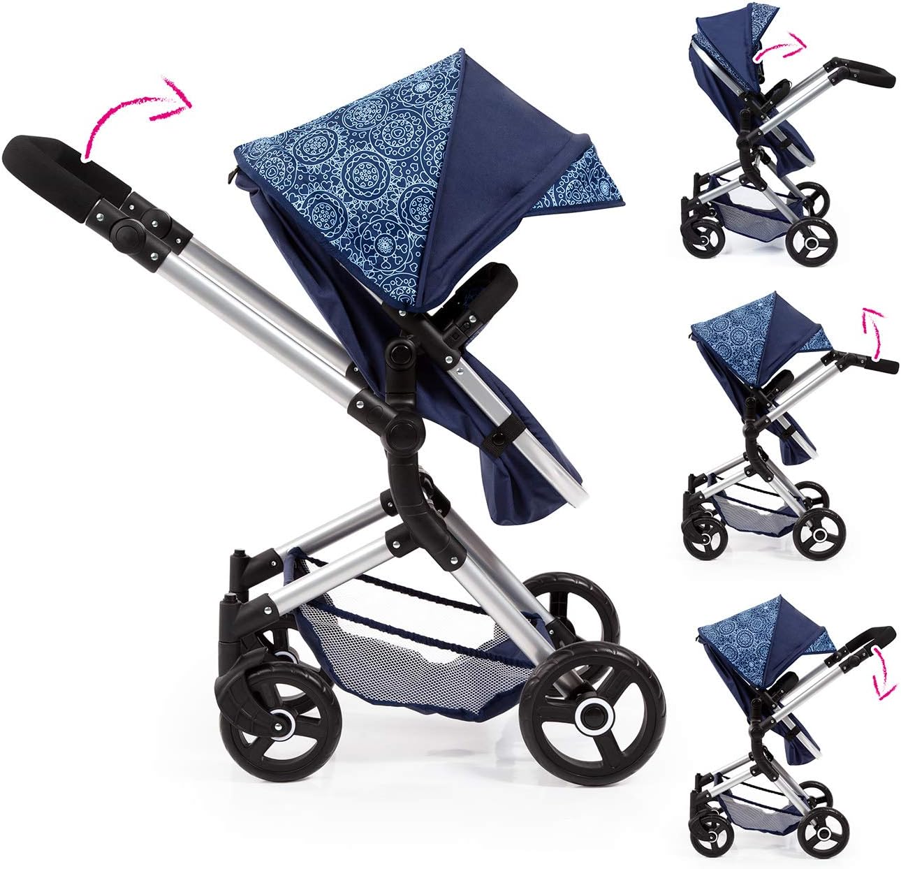 Bayer Design 18403AA Stroller, Doll Combi Pram Neo Vario with Changing Bag and Underneath Shopping Basket, Foldable, Swivel Front Wheels, Blue with Pattern Classic