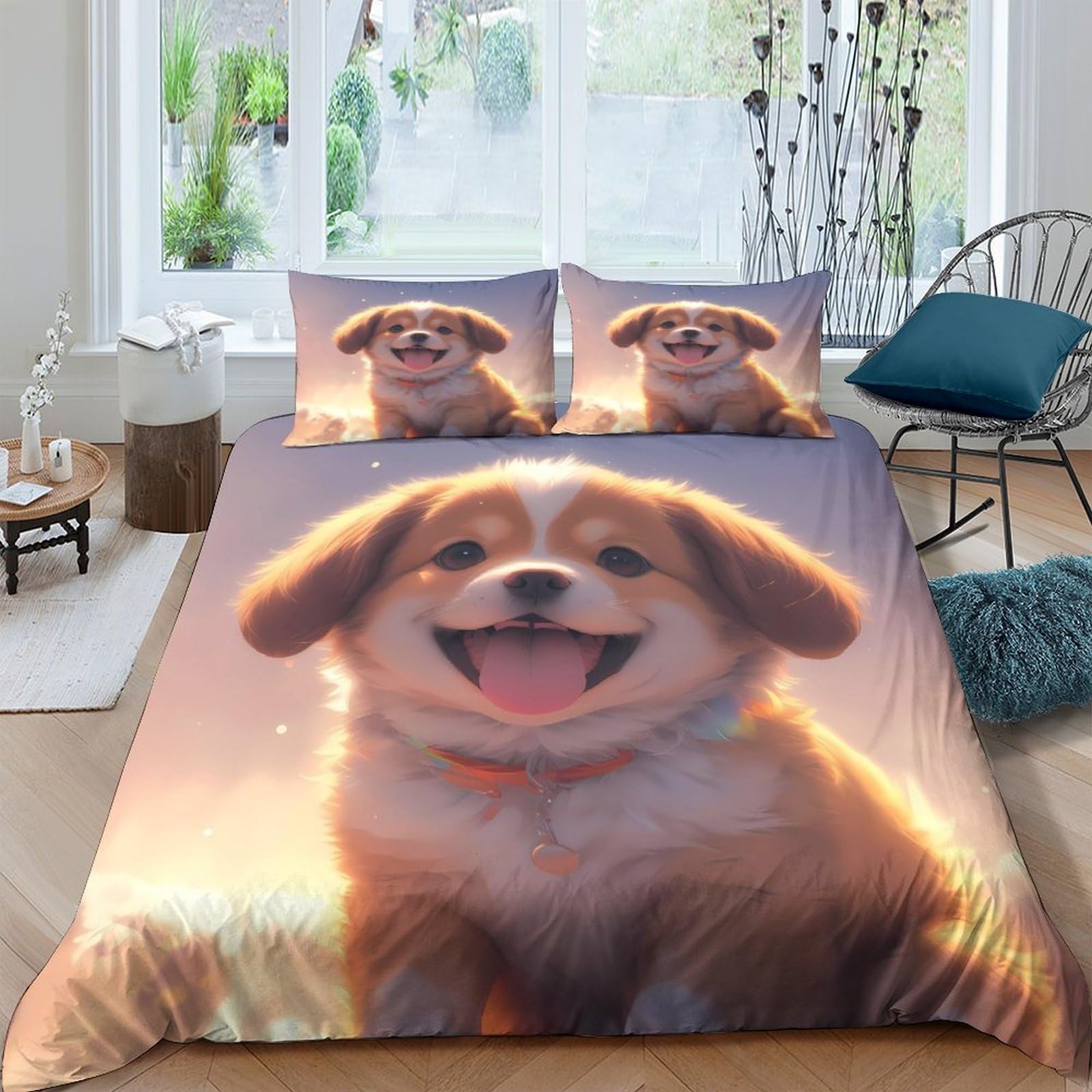 Ctjqhvkz Style-10 3D Printed Happy Puppy Fitted Sheet Microfiber Soft Anti-Slip Dog Smile Bed Cover For Bedroom Guest Room Decor Single（135X200cm）