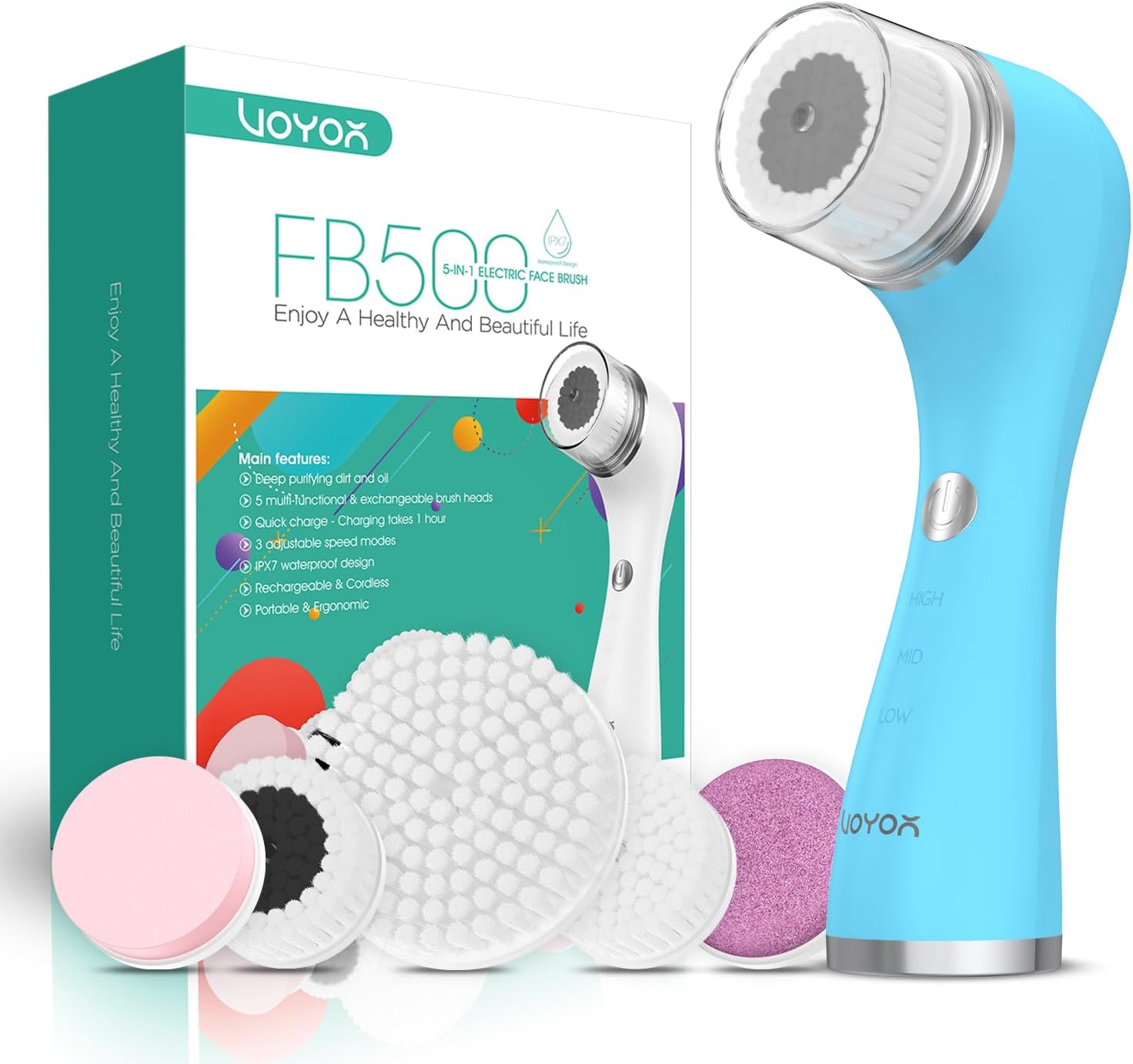 VOYOR Facial Cleansing Brush Rechargeable, Spin Face Brush Waterproof 5-in-1 Body Brush Set for Deep Skin Cleansing, Gentle Exfoliating and Massaging FB500 (Blue)
