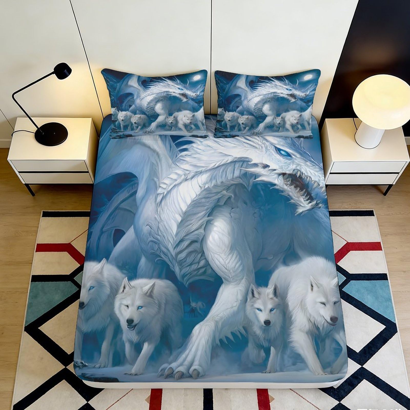 3D Printed Ice Wolf Dragon Fitted Sheet Microfiber Deep Pocket Non-Slip Ice Wolf Dragon Mattress Fitted Cover Bedroom Bedding 200x200x25cm 90x200x25cm