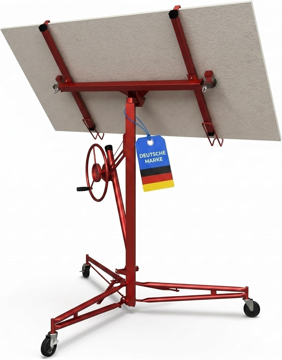 Werkthor Podnośnik do płyt gipsowo-kartonowych XXL do 68 kg – wysokość 140 – 350 cm – podnosi płyty gipsowo-kartonowe z 3 kołami i hamulcem – podnoszenie płyt kartonowo-gipsowych (czerwony)