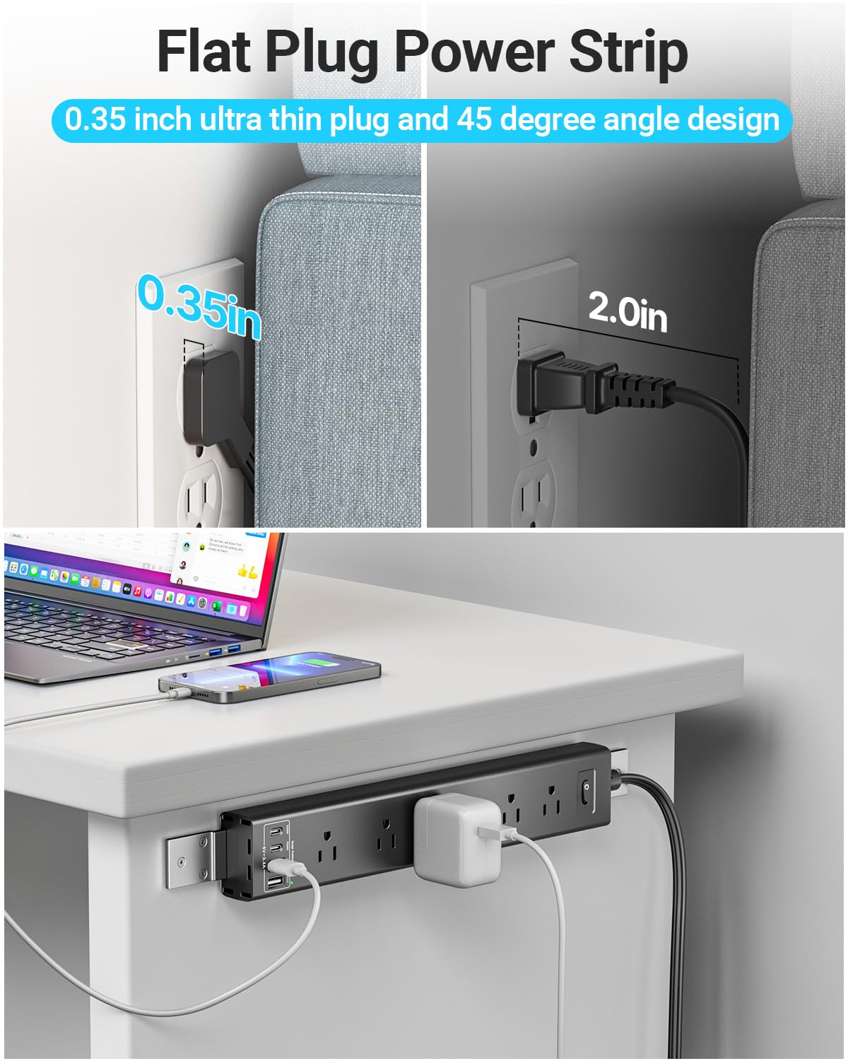 Tira de alimentación plana para debajo del computadora, cable de extensión de 6 pies, protector de sobretensiones para montaje en pared, 6 salidas de CA + 2 puertos USB A y 2 puertos de