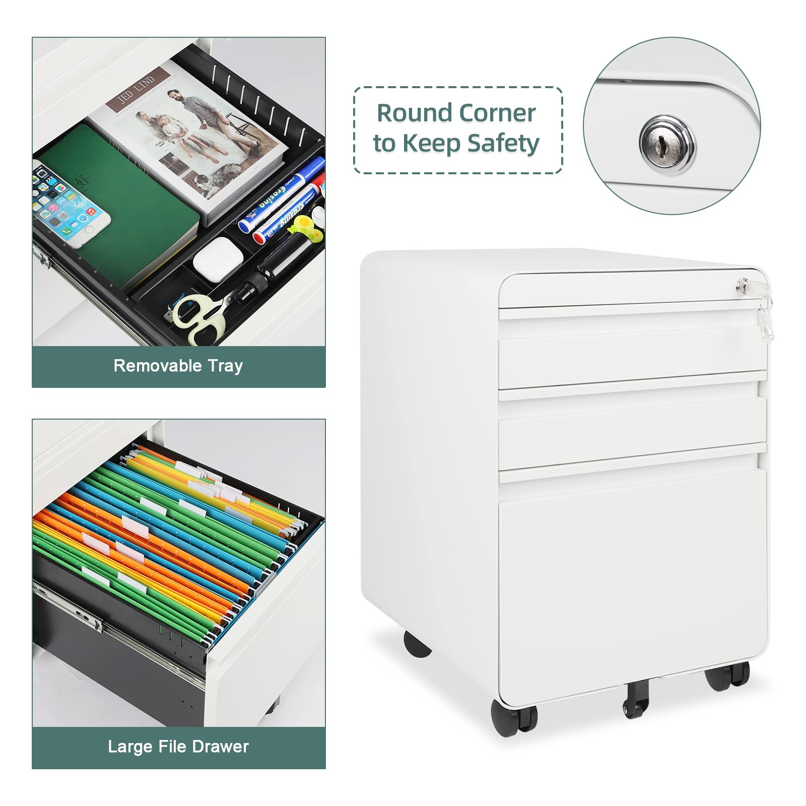 Dripex Metall Rollcontainer Stahl Rollcontainer mit 3 Schubladen und Hängeregistratur Abschließbarer Büroschrank Bürocontainer 5 Räder Aktenschrank 40 x 45 x 60 cm