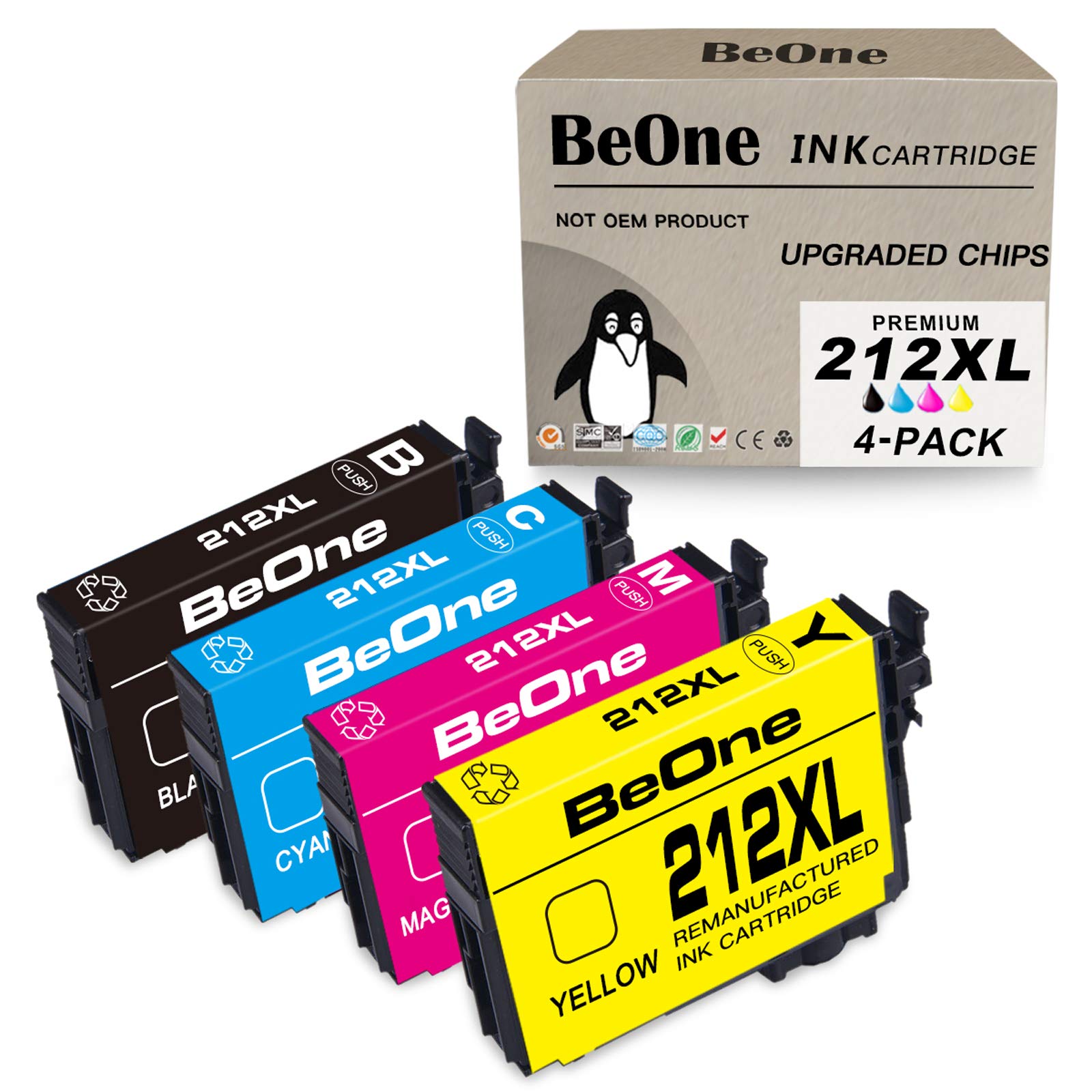 BeOneRemanufactured Ink Cartridges Replacement for Epson 212XL 212 XL T212 T212XL to Use with Expression Home XP-4100 XP-4105 Workforce WF-2830 WF-2850 (Black Cyan Magenta Yellow)