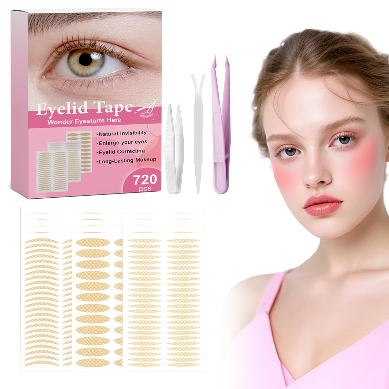 720PCS Eyelid Lifter Strips，Eyelid Tape For Hooded Eyes Invisible,Instantly lifts loose SkinAround The Eyes Without Surgery,Perfect For lneven lono-Eyelids，With Fork Rods And Tweezers