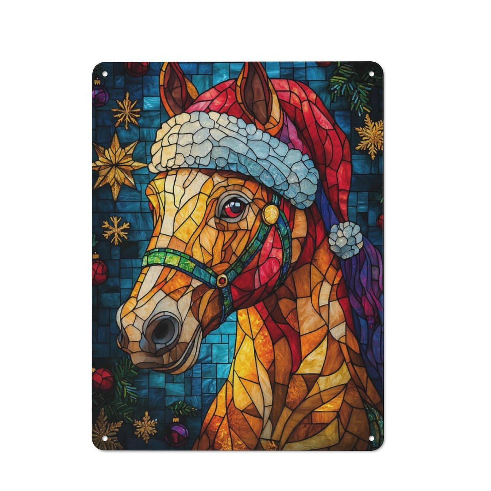Junmoney Christmas Horse Stained Gl Decorative Tin Sign With Design 40X30cm, Classic Old Style Wall Plaque For Living Room, Hallway, Kitchen Or Cafe