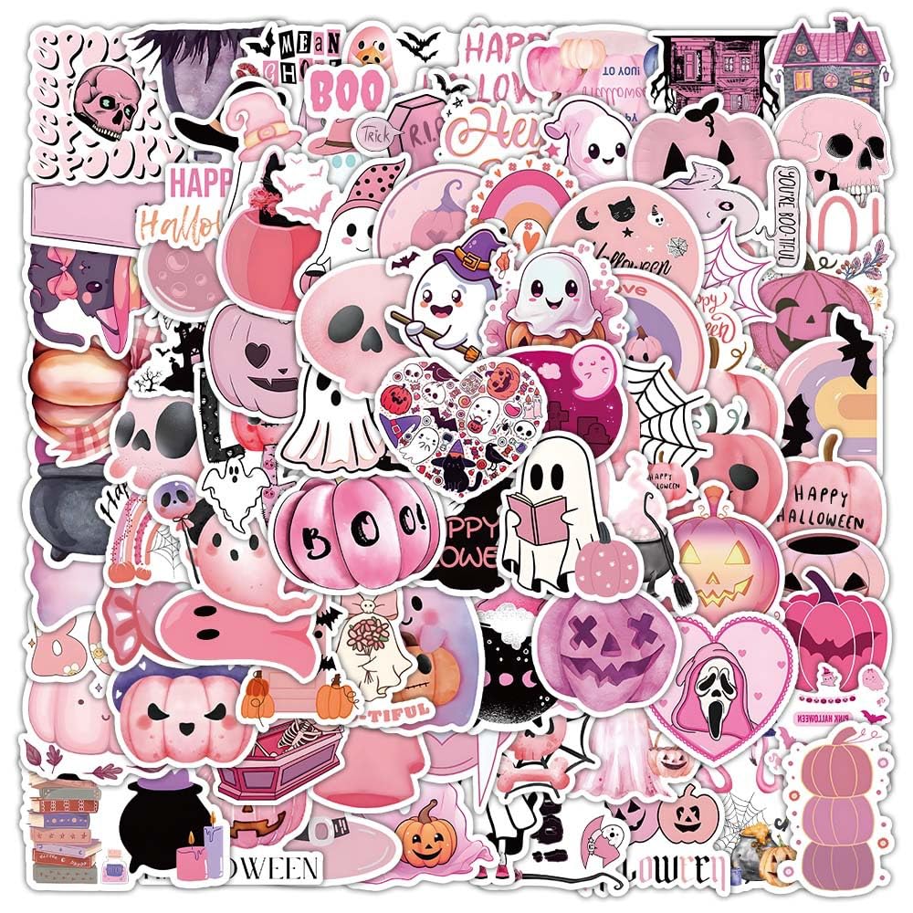 Pink Halloween Stickers 100 Pcs Vinyl Trendy Funny Terror Sticker for Laptop Water Bottle Luggage Skateboard Scrapbook Computer Bumper Bike Car,Waterproof Cool Cute Sticker for Adults Girl Teens โ image 1