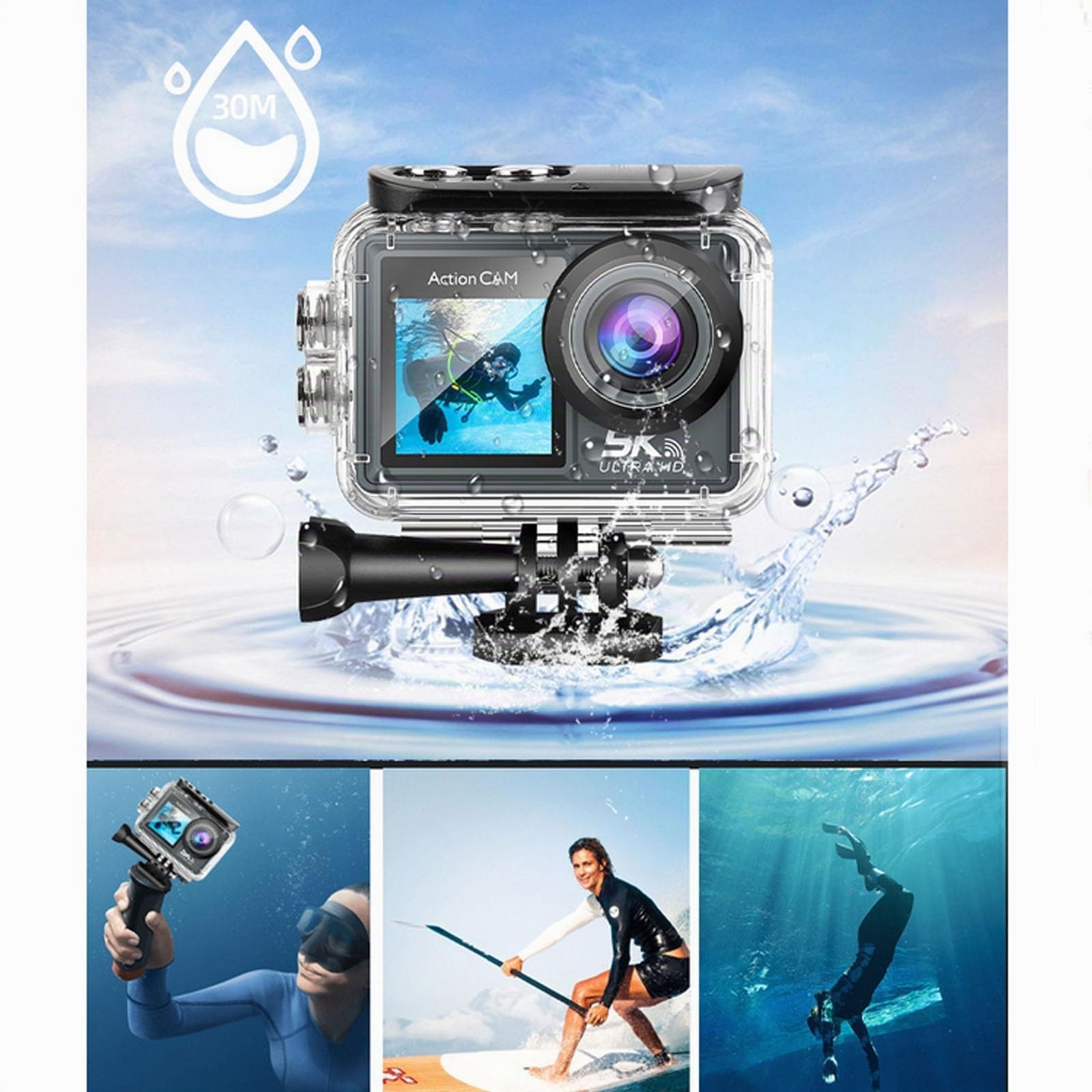 puruxe Camara de accion，Estabilizador 5K + Control Remoto + Pantalla táctil + micrófono + Tarjeta de Memoria de 64 GB