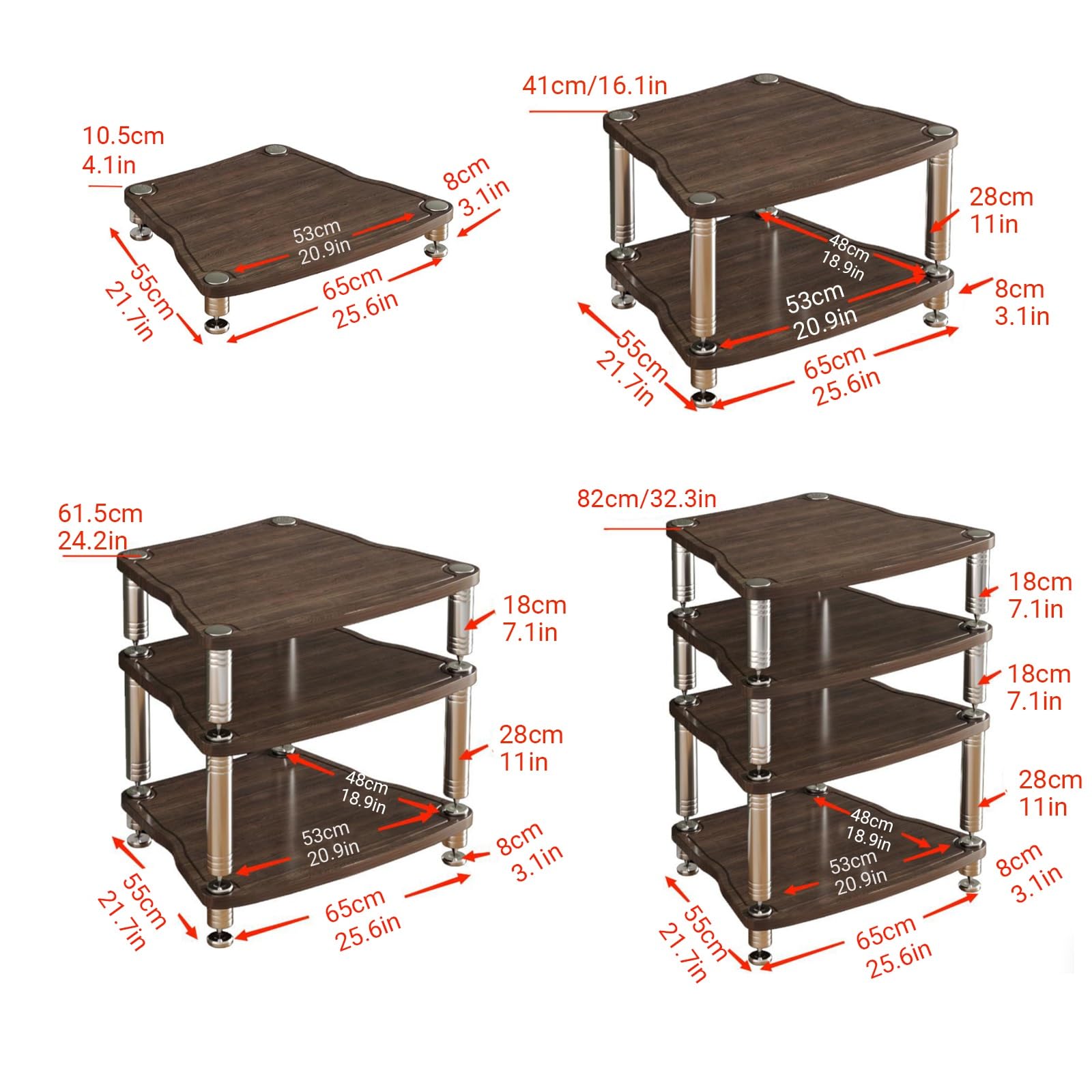 Meuble de rangement multifonction en bois de noyer à 2 niveaux pour matériel audio-vidéo avec pieds en métal absorbant les chocs et pieds en acier inoxydable