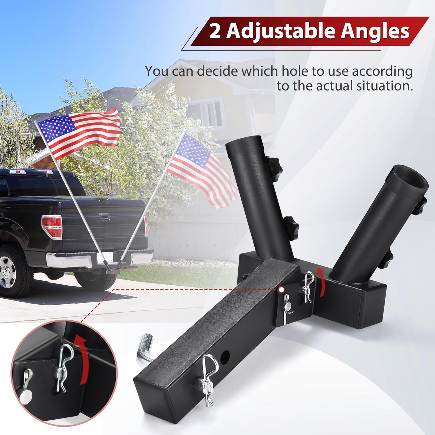 GADFISH Trailer Hitch Flagpole Mount, 2 Mounting Options US Flag Hitch Mount, Universal Flag Hitch Mount for All 2" Receiver, Trailer Hitch Flag Pole Holder for Driving, Black (for 2 Flagpoles) - Image 4