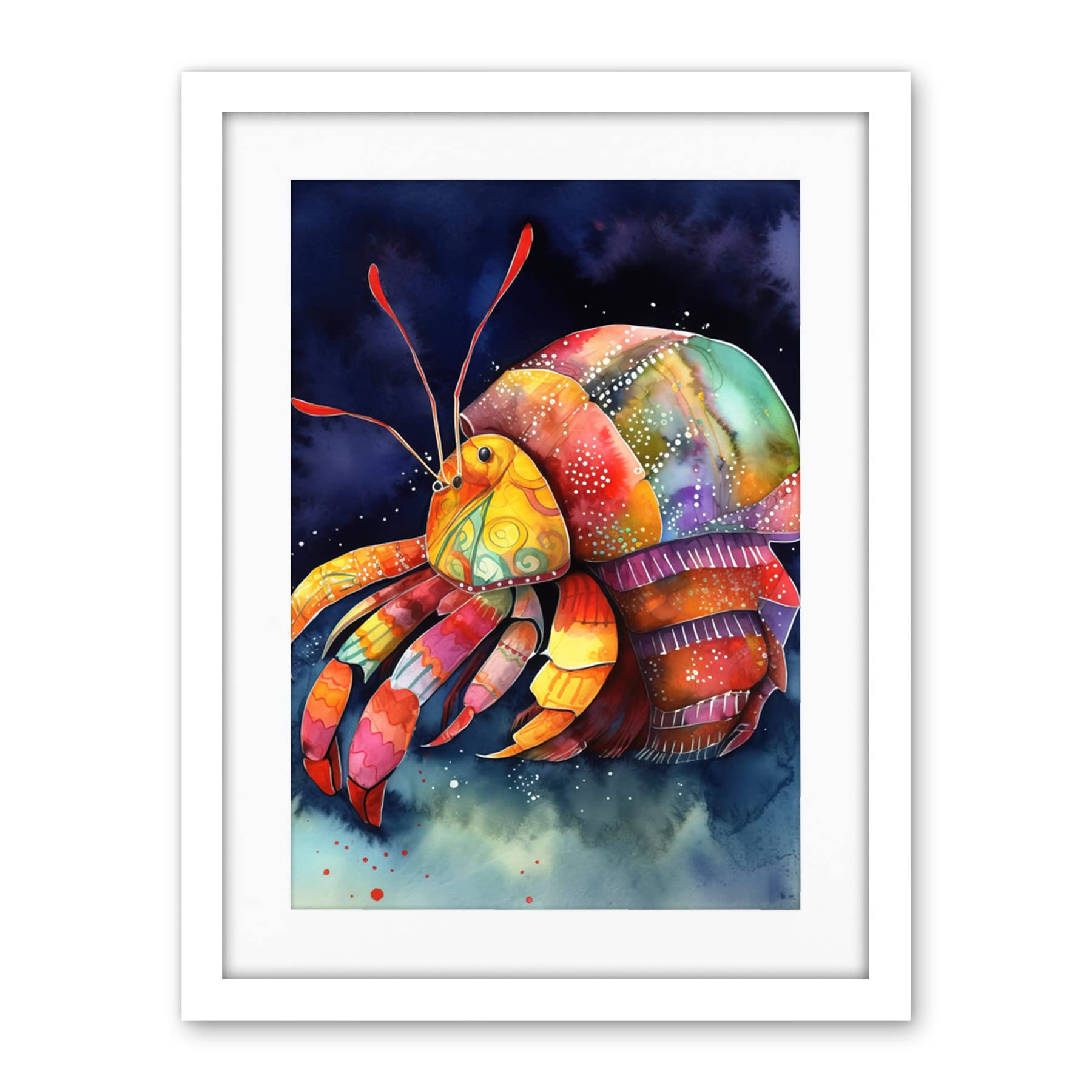 Artery8 Hermit Crab Vibrant Folk Art Watercolour Painting Artwork Framed Wall Art Print 18X24 Inch