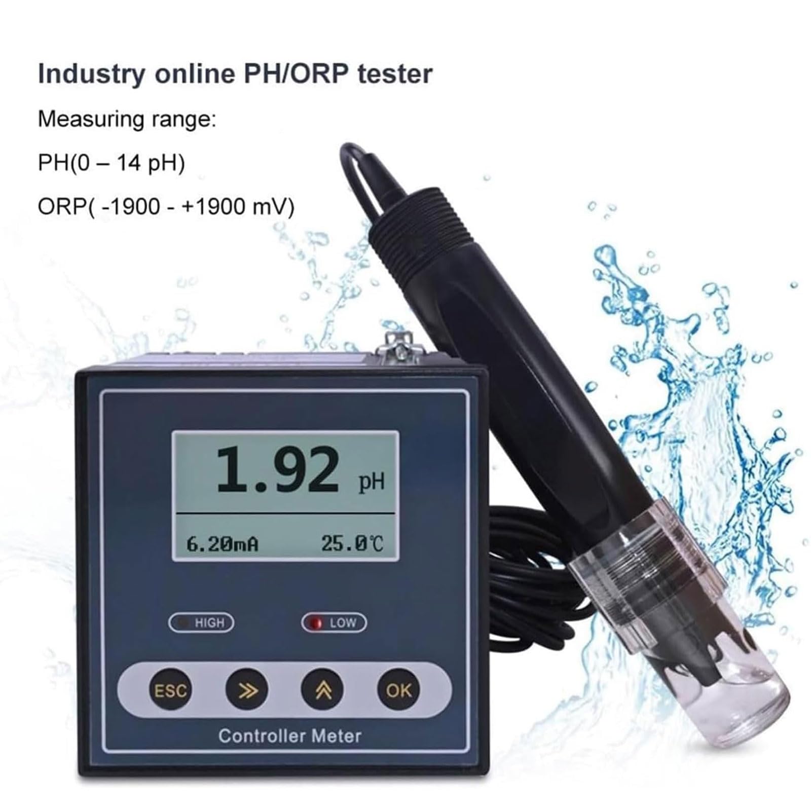 Moniteur de qualité de l'eau, pH/ORP mètre avec écran LCD, précision du pH ± 0,02, plage de mesure du pH de 0 à 14, étalonnage automatique pour les tests environnementaux et chimiques