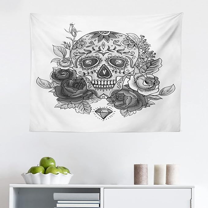 Ambesonne Sugar Skull Tapestry, Monochrome Skeleton Roses Leaves and Diamond Shape Folklore Festival Print, Fabric Wall Hanging Decor for Bedroom Living Room Dorm, 28