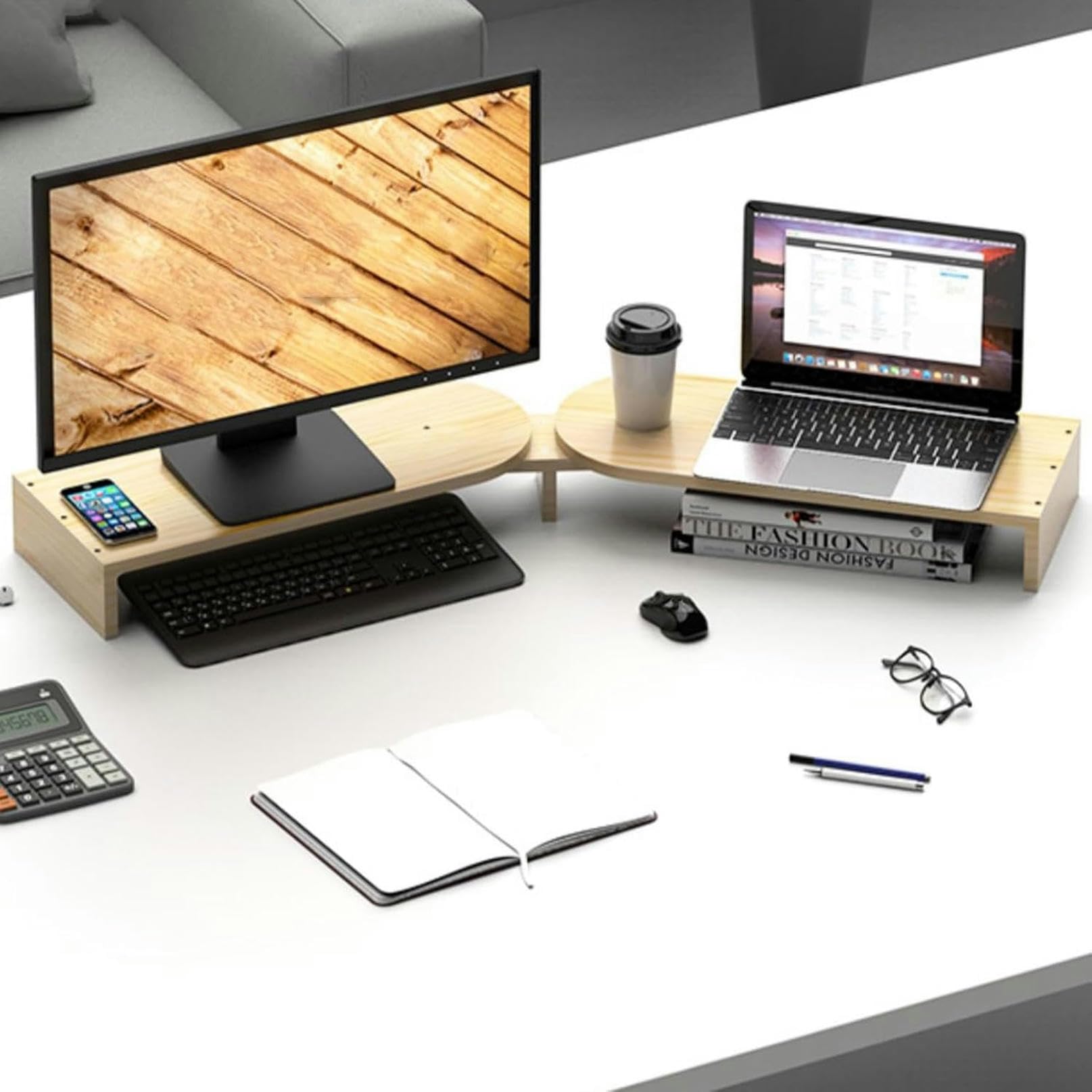 Support d'angle double pour moniteur ajustable contre le désordre et le mal de dos au bureau