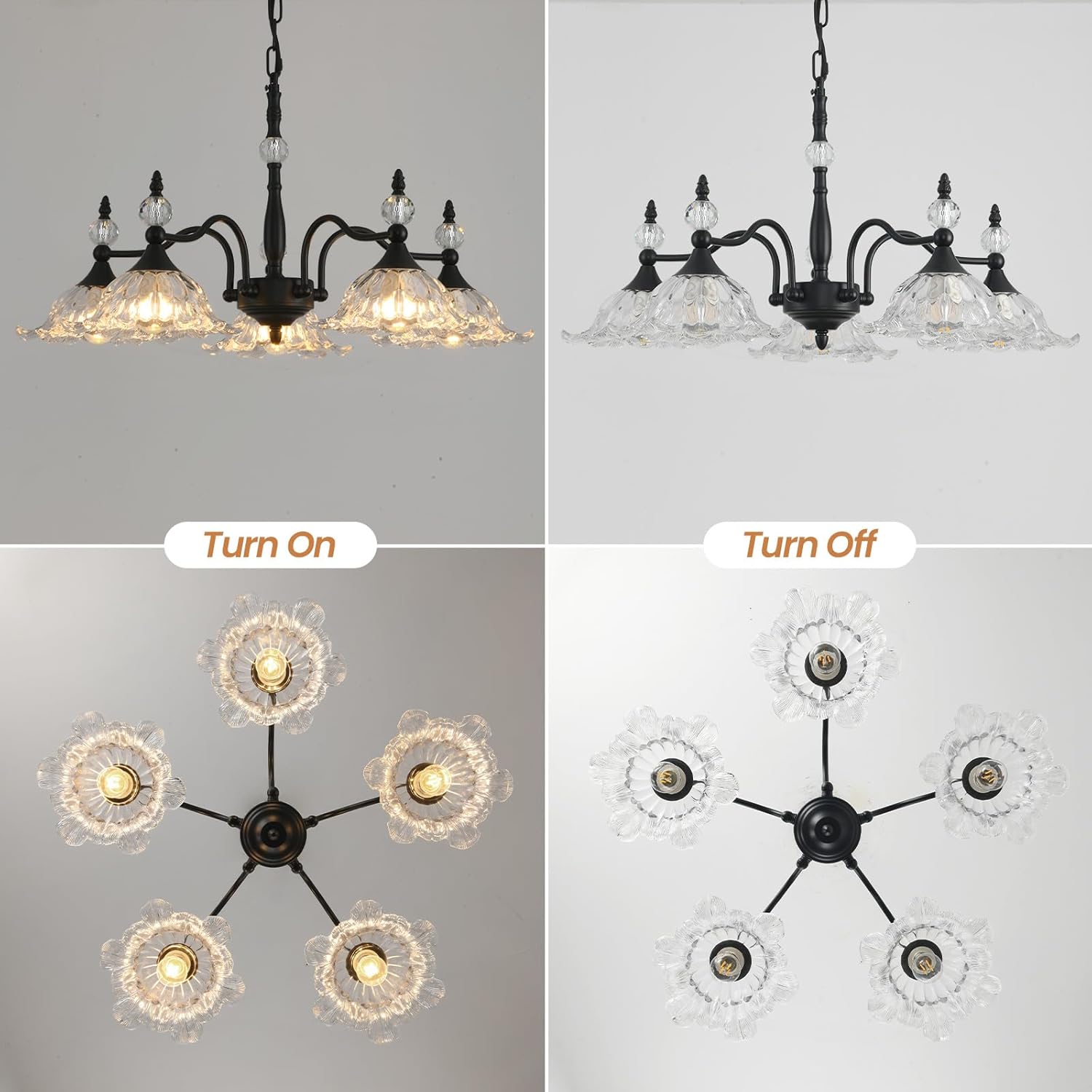 Vintage Chandeliers for Dining Room, 5 Light Black Dining Room Light Fixtures, Modern Glass Chandelier Industrial Crystal Pendant Light for Over Table Kitchen Island Foyer