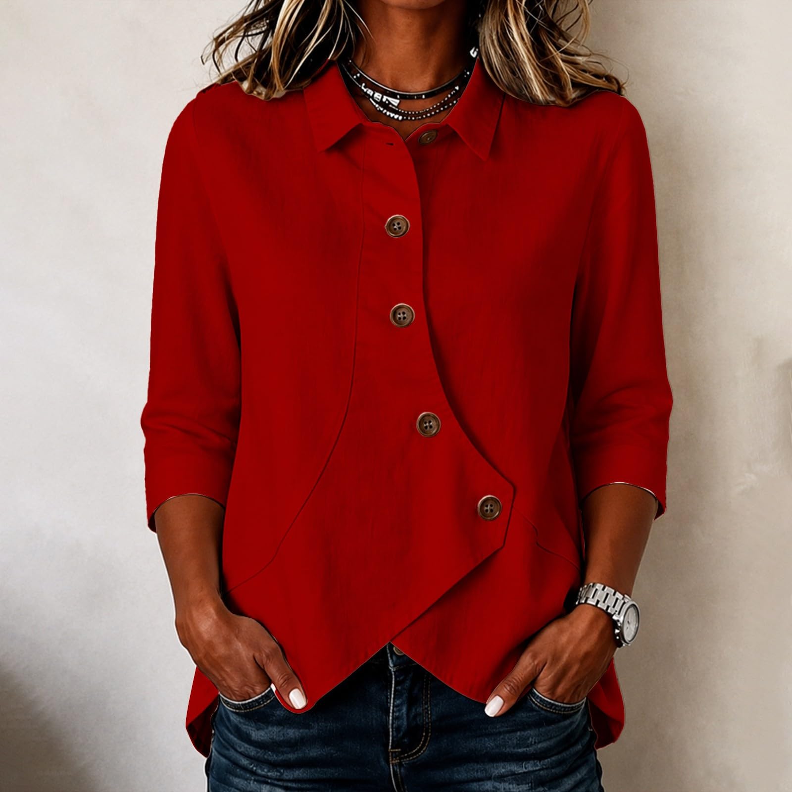 Chemisier à manches 3/4 pour femme, aspect lin, boutonnière asymétrique
