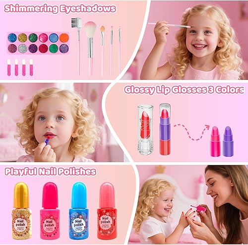 Miniatura 6 de Kit de maquillaje para niñas, juego de maquillaje real seguro y lavable, juego de maquillaje de belleza, estuche cosmético con espejo, juguetes de