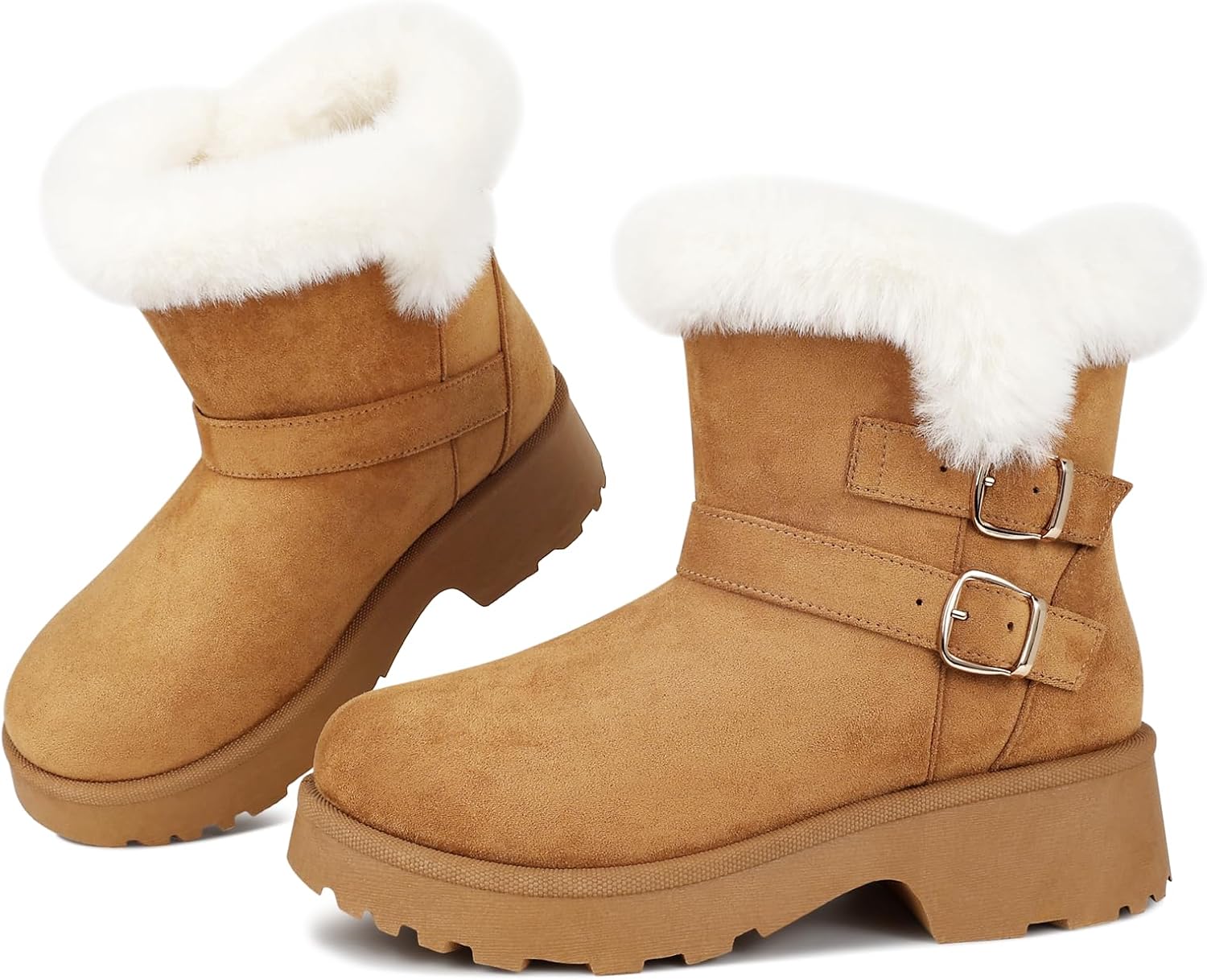 Platform Women's Ankle Winter Boot, Chunky Low Heel Snow Boots With Fashion Buckle Slip-On Cozy Outdoor Short Booties