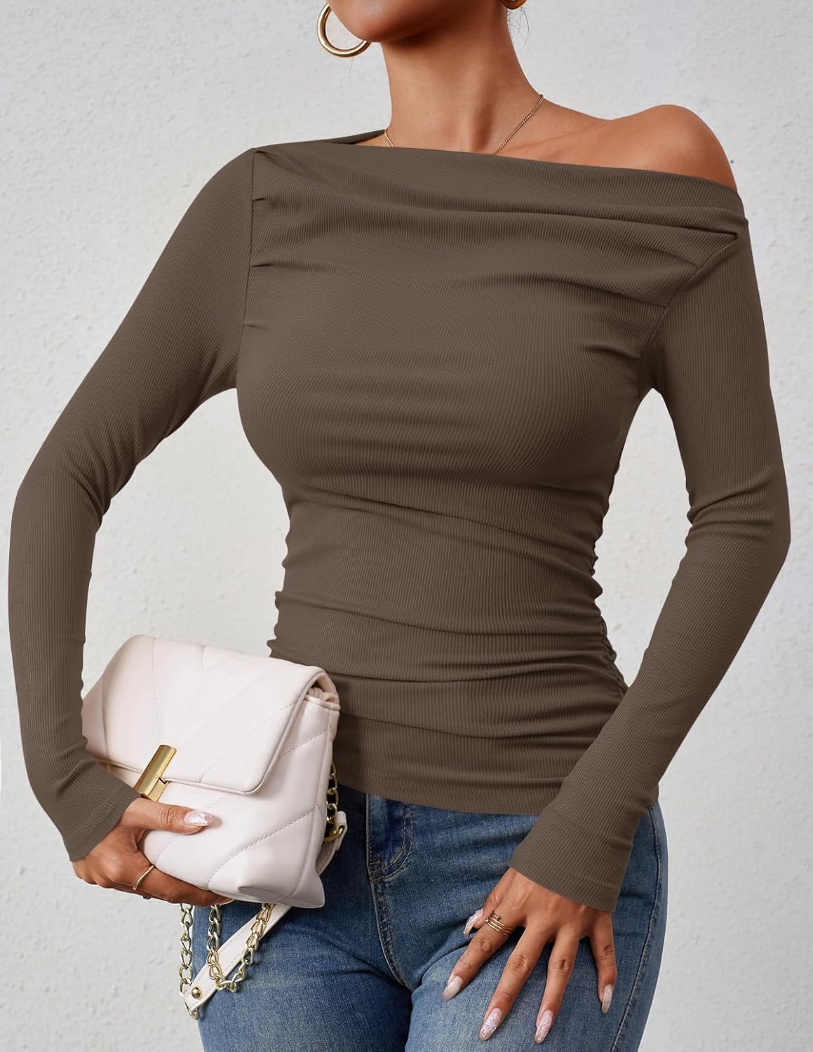 ZESICA Womens Off Shoulder Long Sleeve Tops 2026 Spring Casual Boat Neck Ruched Slim Fit Going Out Y2k Shirts Blouses - Image 7