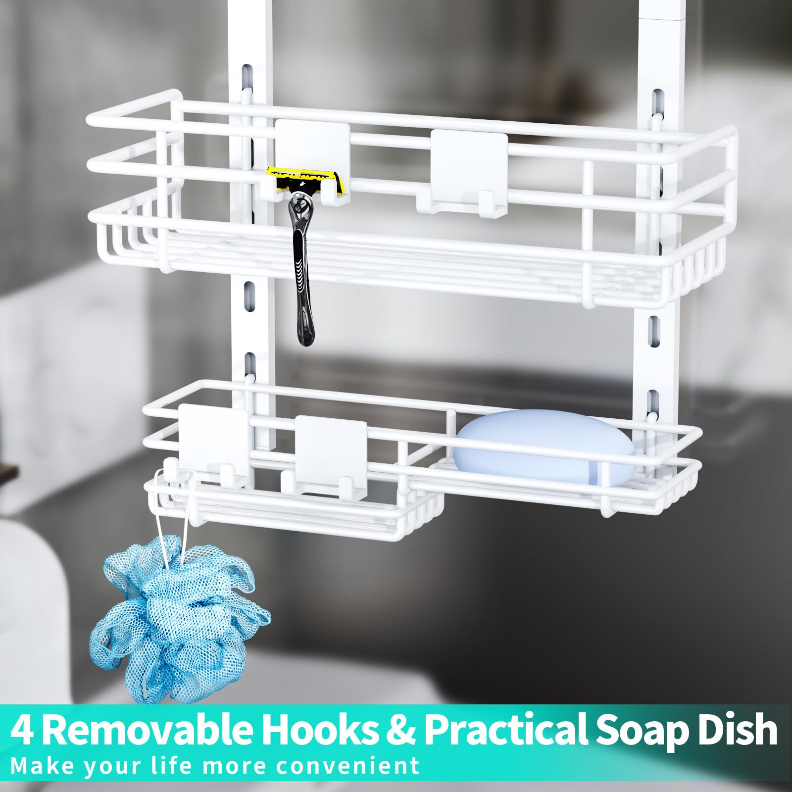 HapiRm Estante de ducha para colgar de acero inoxidable – Estantería de ducha sin taladrar con 5 cestas ajustables, estantería de ducha para colgar con soportes para cepillos de dientes y ganchos para