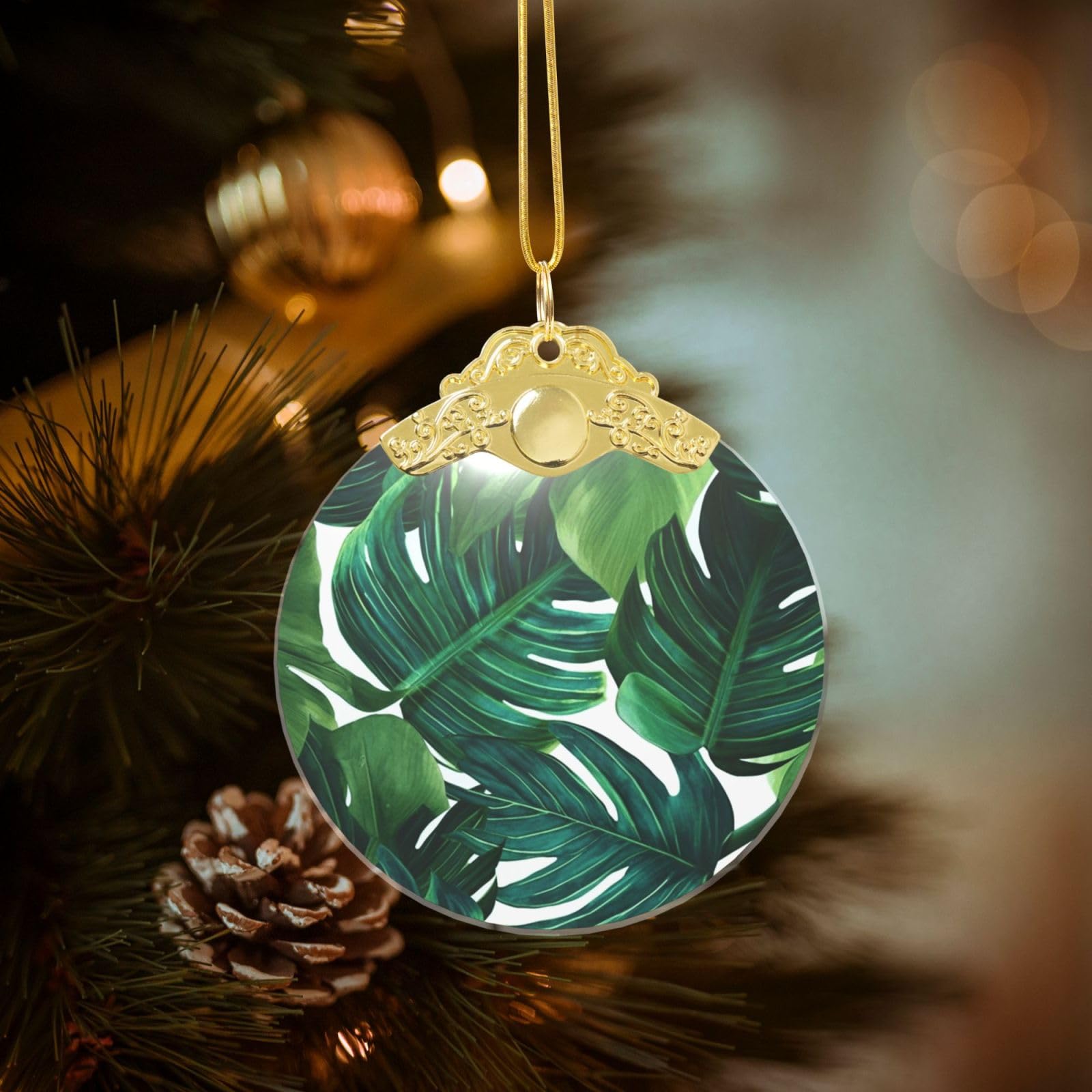 Crystal Christmas Ornaments for Christmas Tree Decoration Hanging Banana Leaves Ornament with Gold Ribbon Crafts Round Pendant for Keepsake Gifts Glass Xmas Decor Party Supplies
