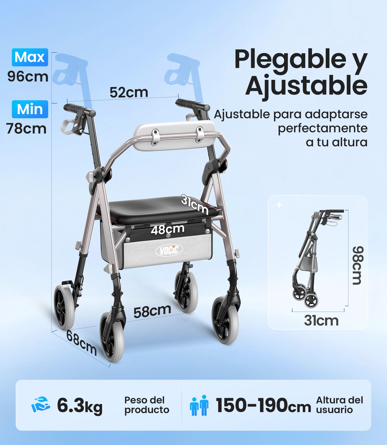 VOCIC Andador plegable ligero con asiento, 6,3kg Ultraligero, Max 150 kg | andador para ancianos con ruedas, asiento ergonómico, altura regulable, Walker estrecho para apartamento & viajes, plateado