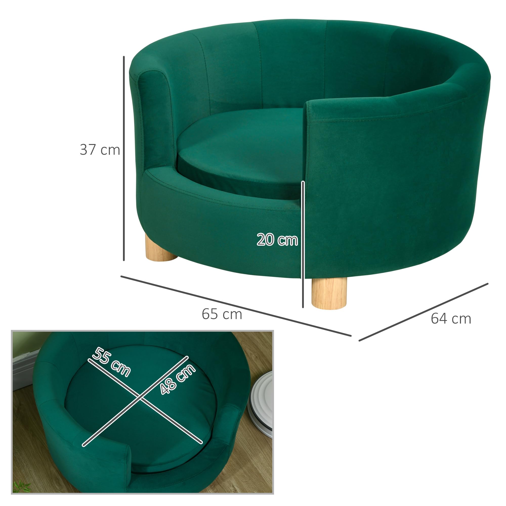PawHut Divano per Cani Imbottito con Schienale e Cuscino Rimovibile, Cuccia per Gatto da Interno, 65x64x37cm, Verde