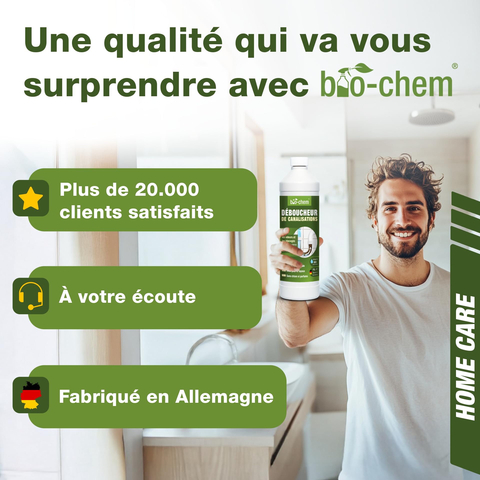 bio-chem Set de 3 nettoyants pour salle de bain, douches, WC | Déboucheur de canalisation 1L - Décapant urine et calcaire 1L - Produit surfaces de salle de bain 750ml