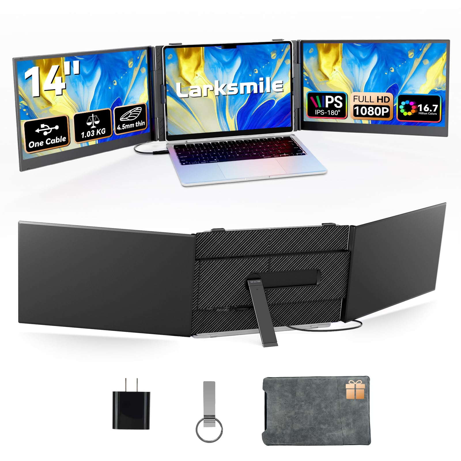 Triple Screen Laptop Monitor Extender, One Cable Setup 14-inch IPS