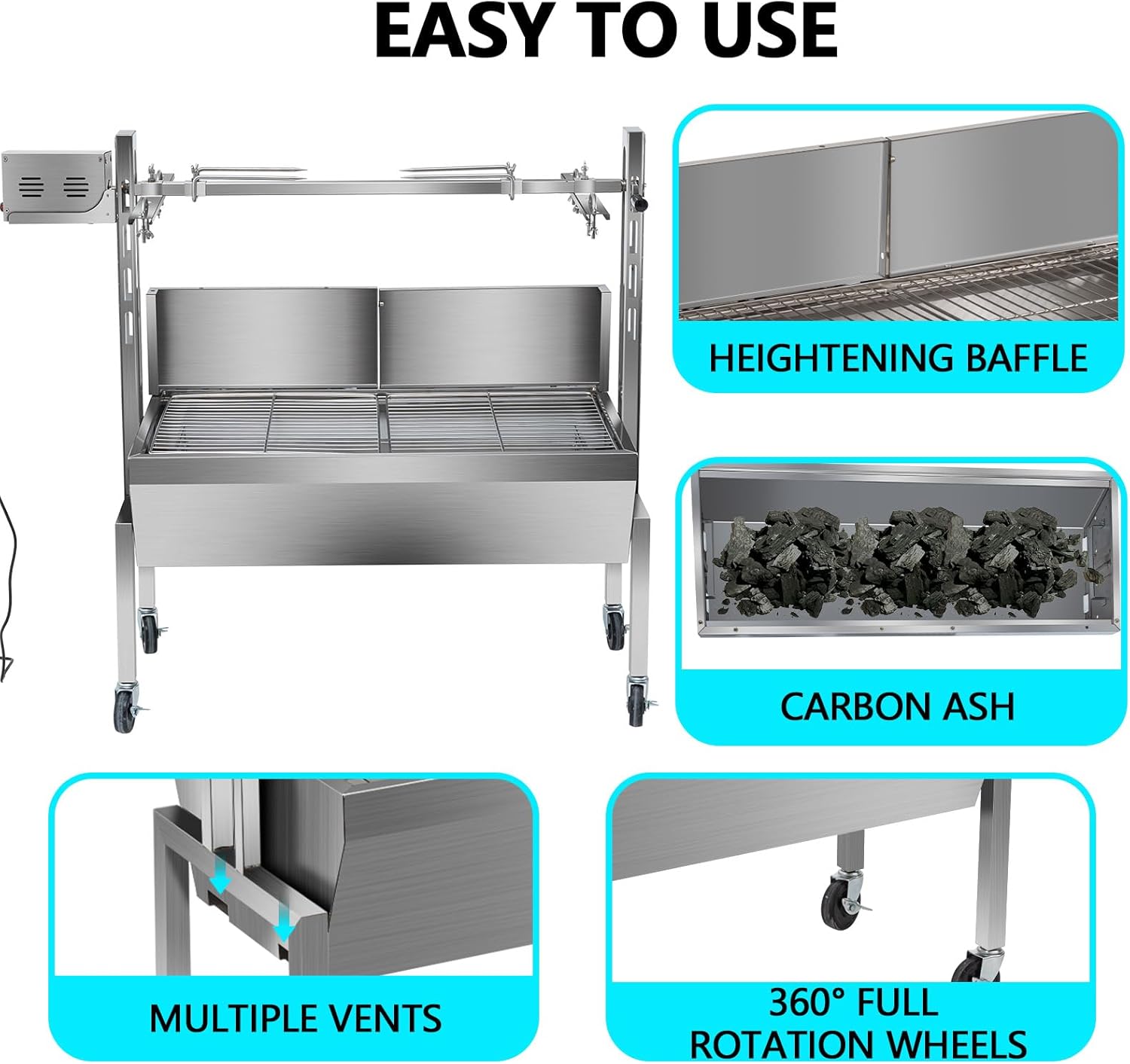 Clearance 40W Rotisserie Grill, 36" Pig Roaster Rotisserie with Windscreen, Max 145LBS Load Capacity, Height Adjustable, Suitable for Pig, Goat Barbecue