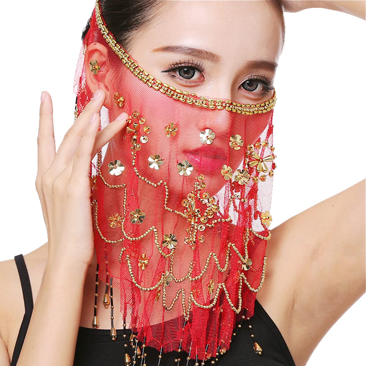 Belly Dance Face Veil, Chiffon Face Veil with Sequins Beads for Belly Dance Costumes Performance Halloween Costume Accessory for Women and Girls