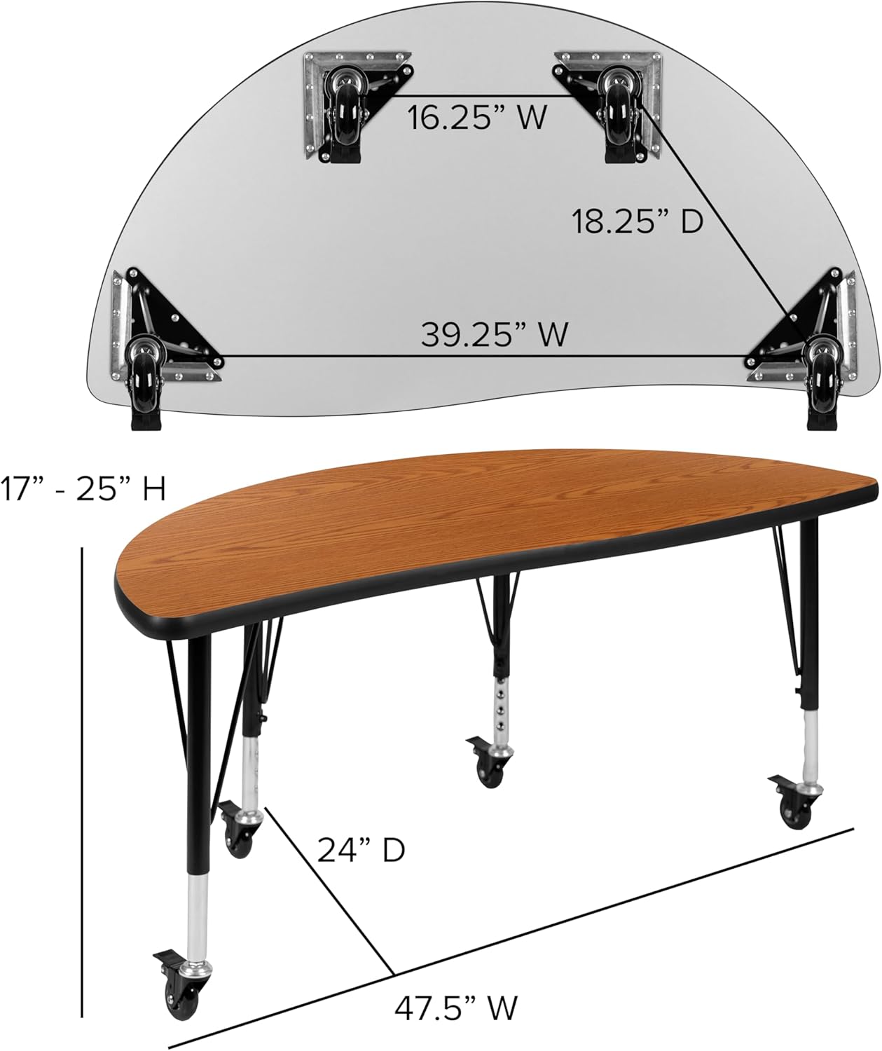 Diagram showing the dimensions and underside of the half-circle wave activity table with leg attachments.