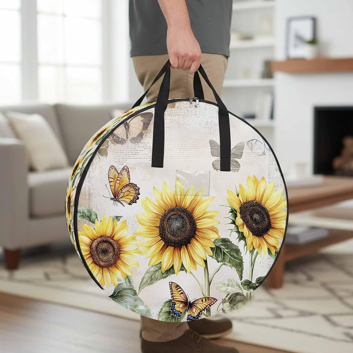 American Pastoral Style Round Storage Bag 36 Inch, Flower Sunflower Farm Clothes Storage Container with Handles Heavy Duty Organizer for Comforter, Bedding & Holiday Wreaths