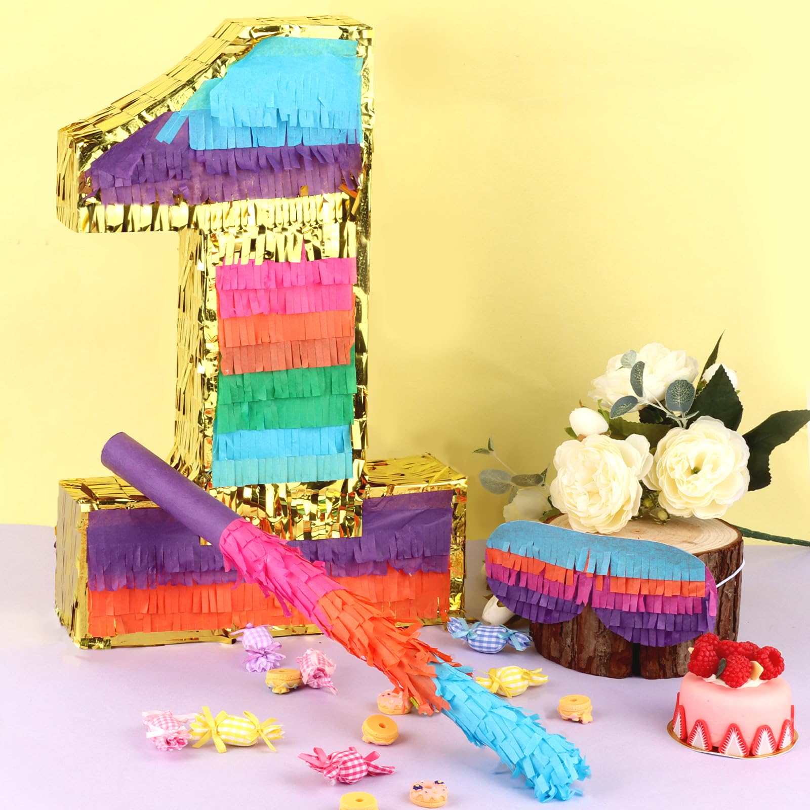 Piñata arcoíris número 1, decoración de cumpleaños para niños, piñata arcoíris con palo de murciélago para niños y niñas, celebraciones de cumpleaños, suministros de fiesta de baby shower
