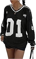 BEAUDRM Women's Y2K Oversized Long Sleeve V-Neck T-Shirt Number Letter Graphic Print Jersey Tee