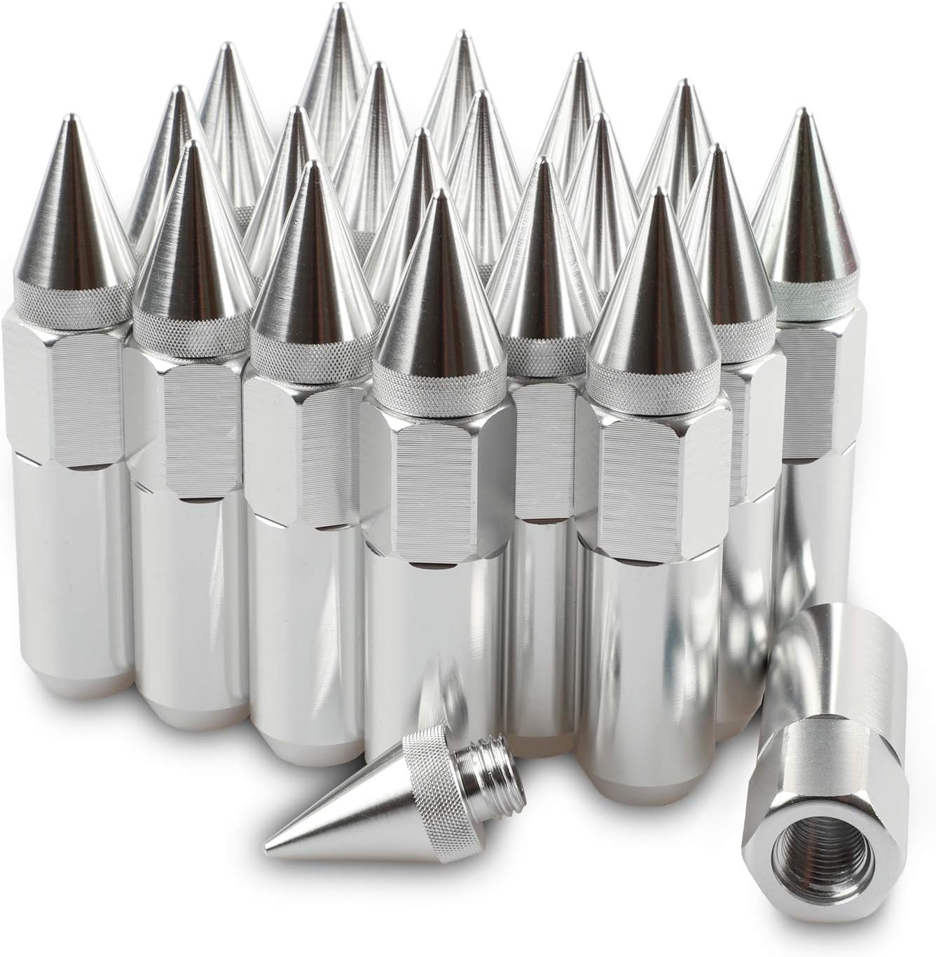M12X1.5 Spiked Nuts for Rims Aluminum Extended Tuner Lug Nuts 20PCS 60MM (Silver)