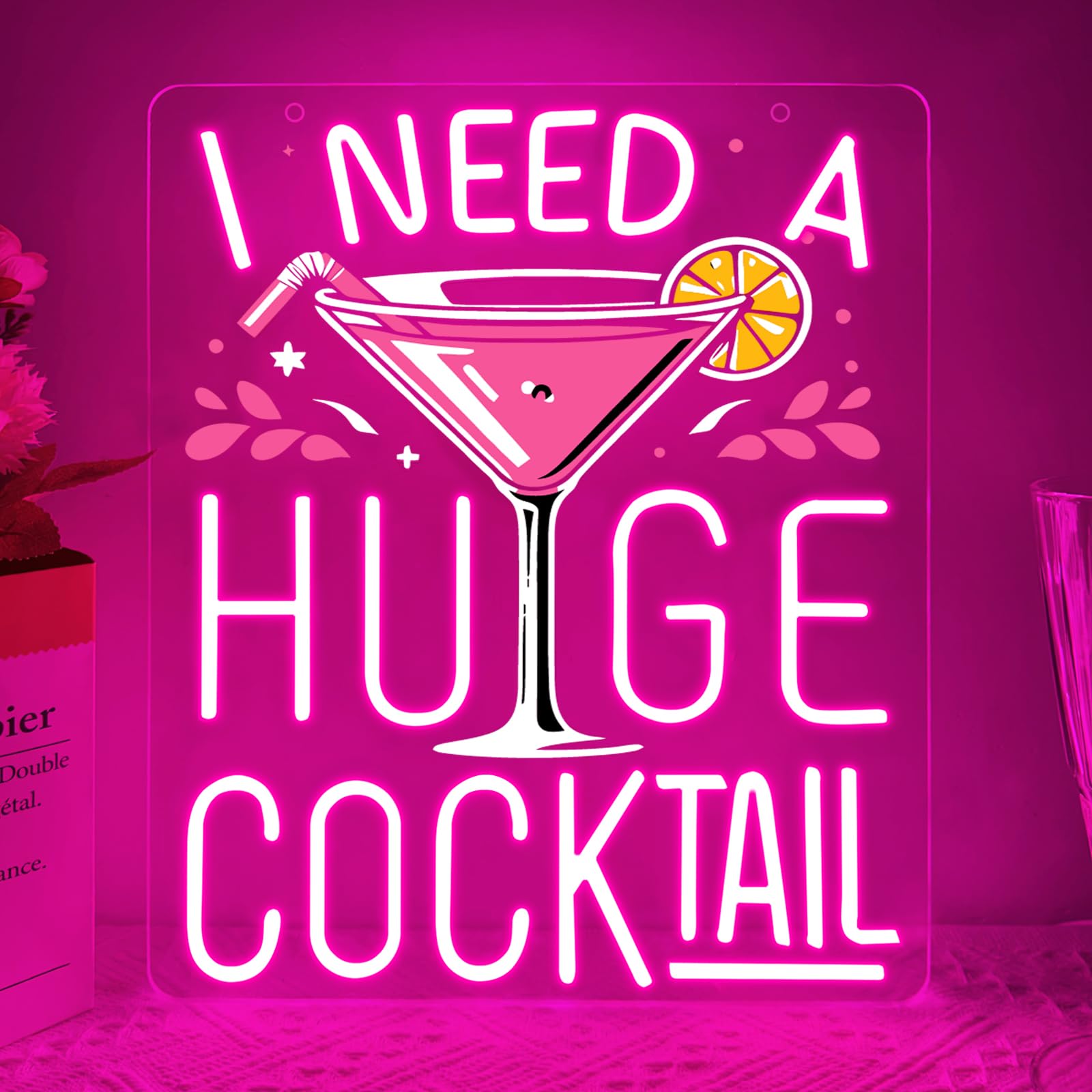 I Need A Huge Cocktail UV Neon Sign,Cocktail LED Light for Home Bar Bedroom Club Party Pub Man Cave Beach,Bar Pink Adjustable Light Up Sign Wall Art Decor Gift USB Powered（15.8"*10.5")