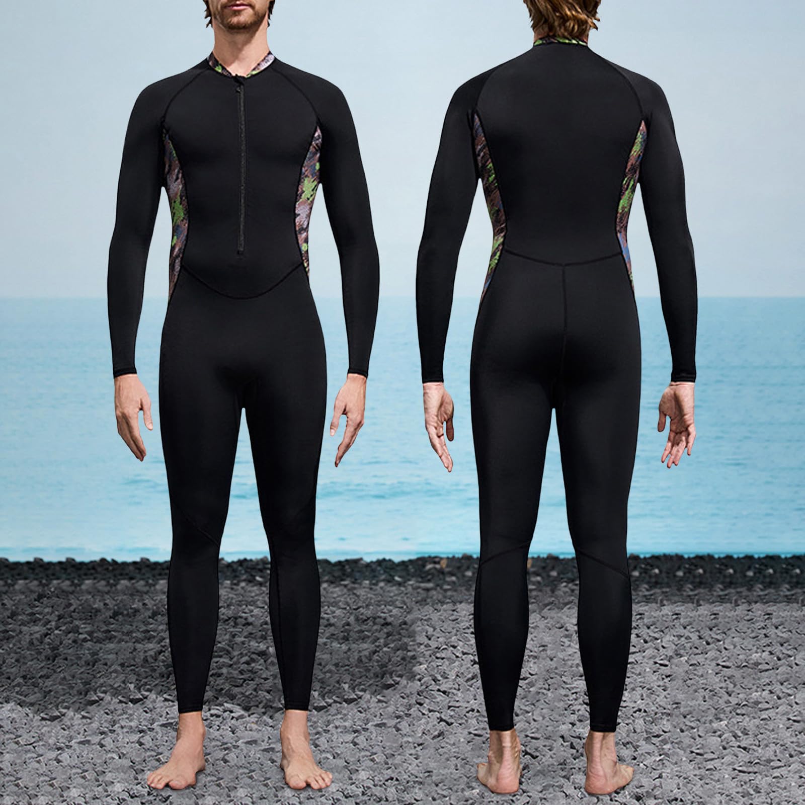 Mute da uomo a lunghezza intera, con cerniera, a maniche lunghe, tinta unita, costume da bagno elasticizzato per immersioni, costume da bagno sportivo da nuoto, costume da bagno casual