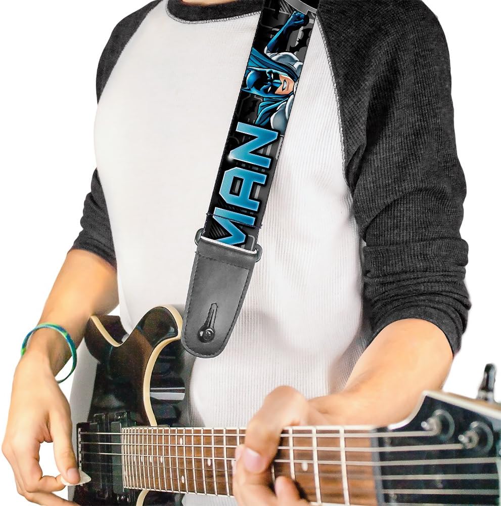 Buckle-Down Guitar Strap - BATMAN Poses/Bat Signal CLOSE-UP Black/Grays/Blues - 2" Wide - 29-54" Length