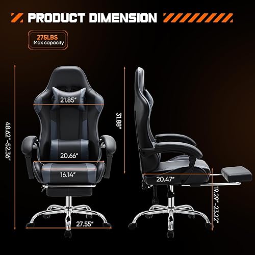 Miniatura 3 de Sweetcrispy Silla de escritorio para videojuegos, ergonómica para computadora con reposapiés y cómodo soporte lumbar, reclinable de piel sintética