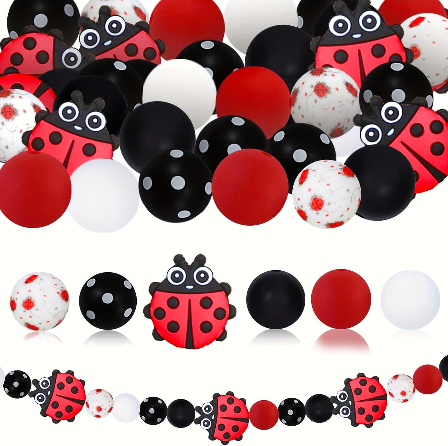 75 Pcs Seven-Star Ladybug Focus Beads, 15mm Printed Round Beads for DIY Keychains, Beaded Pens, Charms, Home Decor, Bracelets, Necklaces, and other Jewelry
