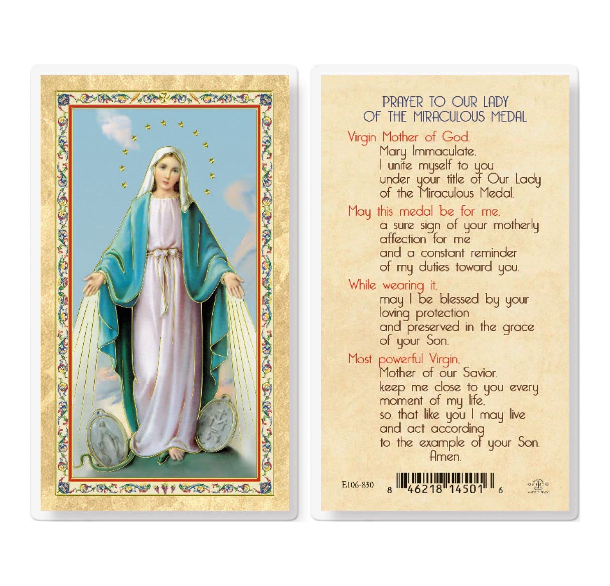 Prayer to Our Lady of The Miraculous Medal Gold Stamped Laminated Holy Cards, 25-Count Value Pack