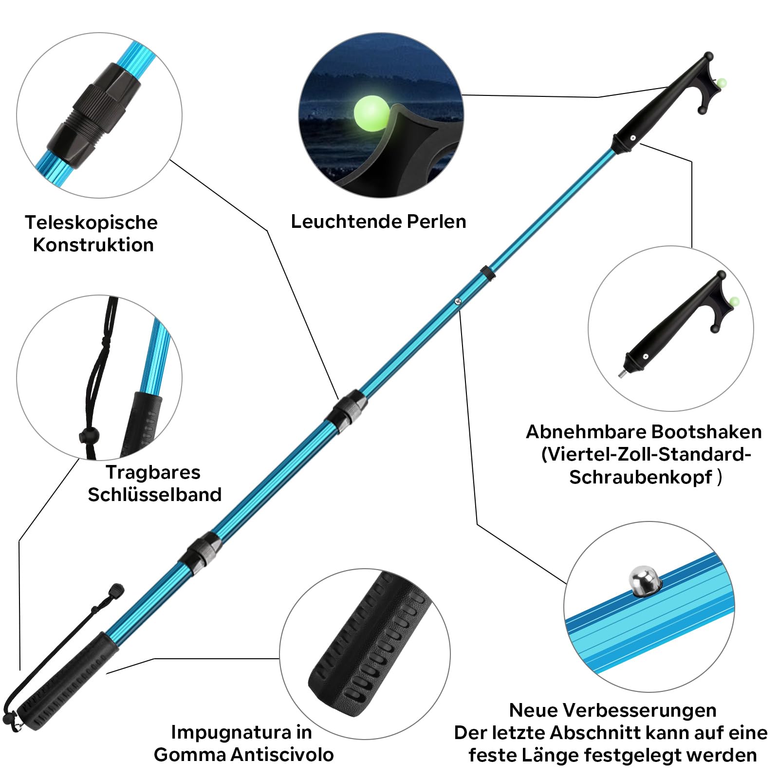 KOMCLUB Gancho telescópico para barco de aluminio, peso ligero, barra extensible, mango de goma antideslizante con perlas luminosas, gancho de plástico y cordón para acoplamiento y mudanza