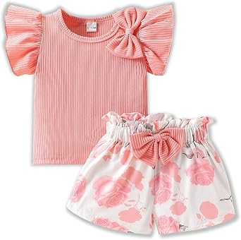 Azmxynol Toddler Girls Clothes Cap Sleeve T-Shirt + Bowknot Print 2pcs Summer Shorts Outfit Set For Girls, Size 4-8 Years