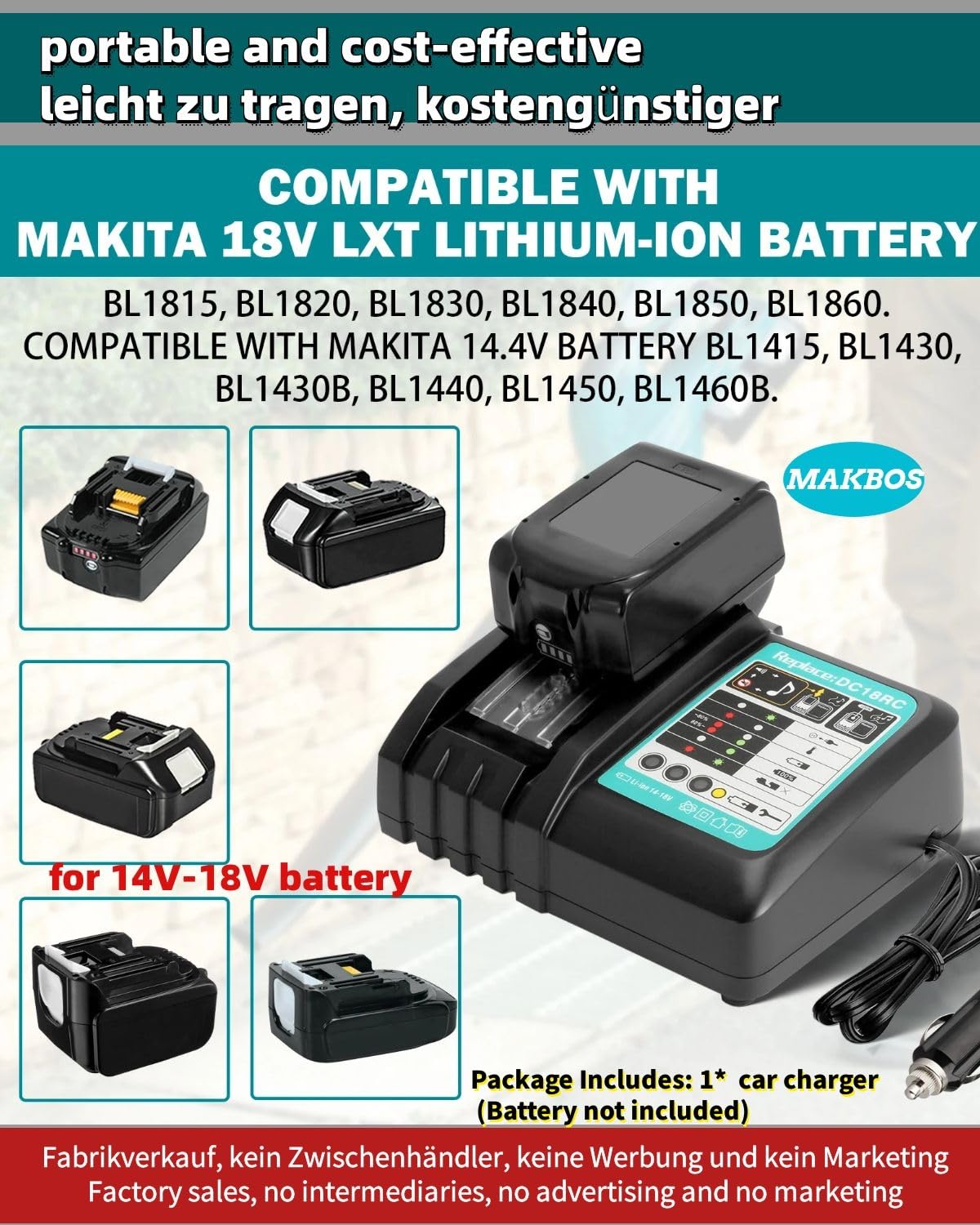 TEPULAS Auto Mini Ladegerät Für Makita 18V, Tragbares Fahrzeugladegerät Ersatz Für Makita 18V Mit Zigarettensteuerplug